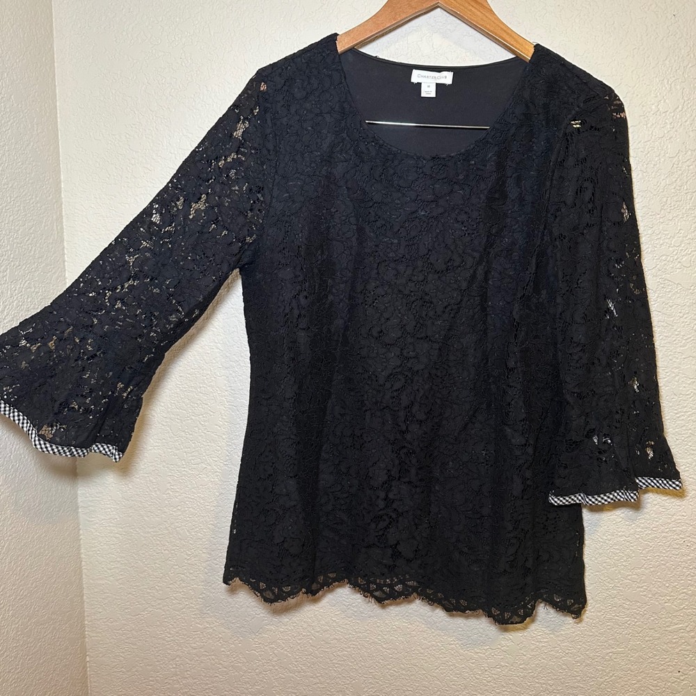 Charter Club Sz M‎ Blouse Top Black Sheer Lace Bell Sleeve Lined Boho Whimsigoth
